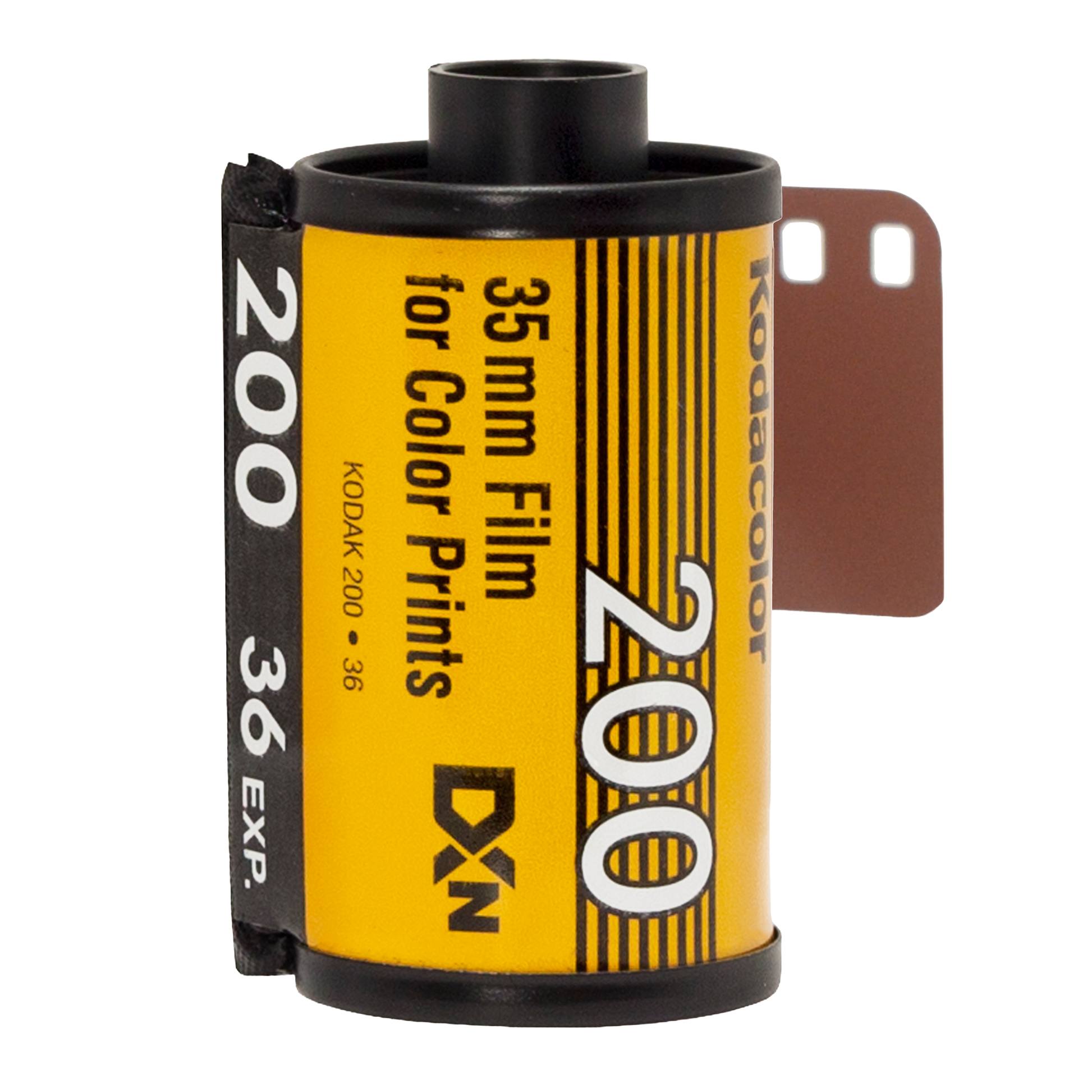 Kodak 35mm film canister with yellow label on a white background