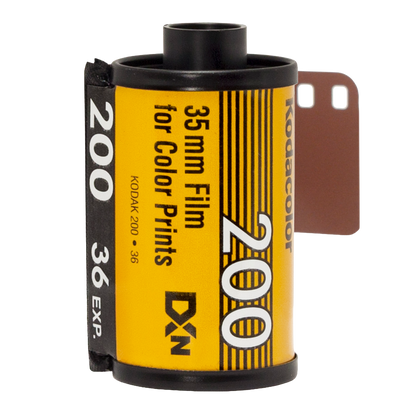 Kodak 35mm film canister with yellow label on a white background