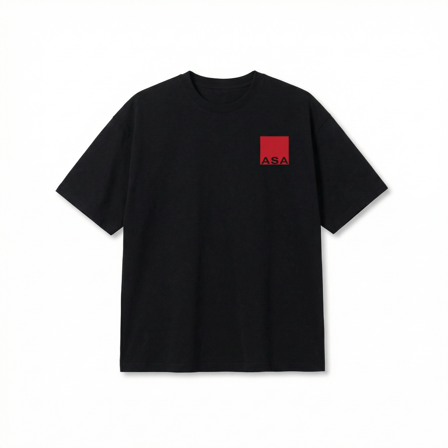 Black t-shirt with a red square logo on a white background