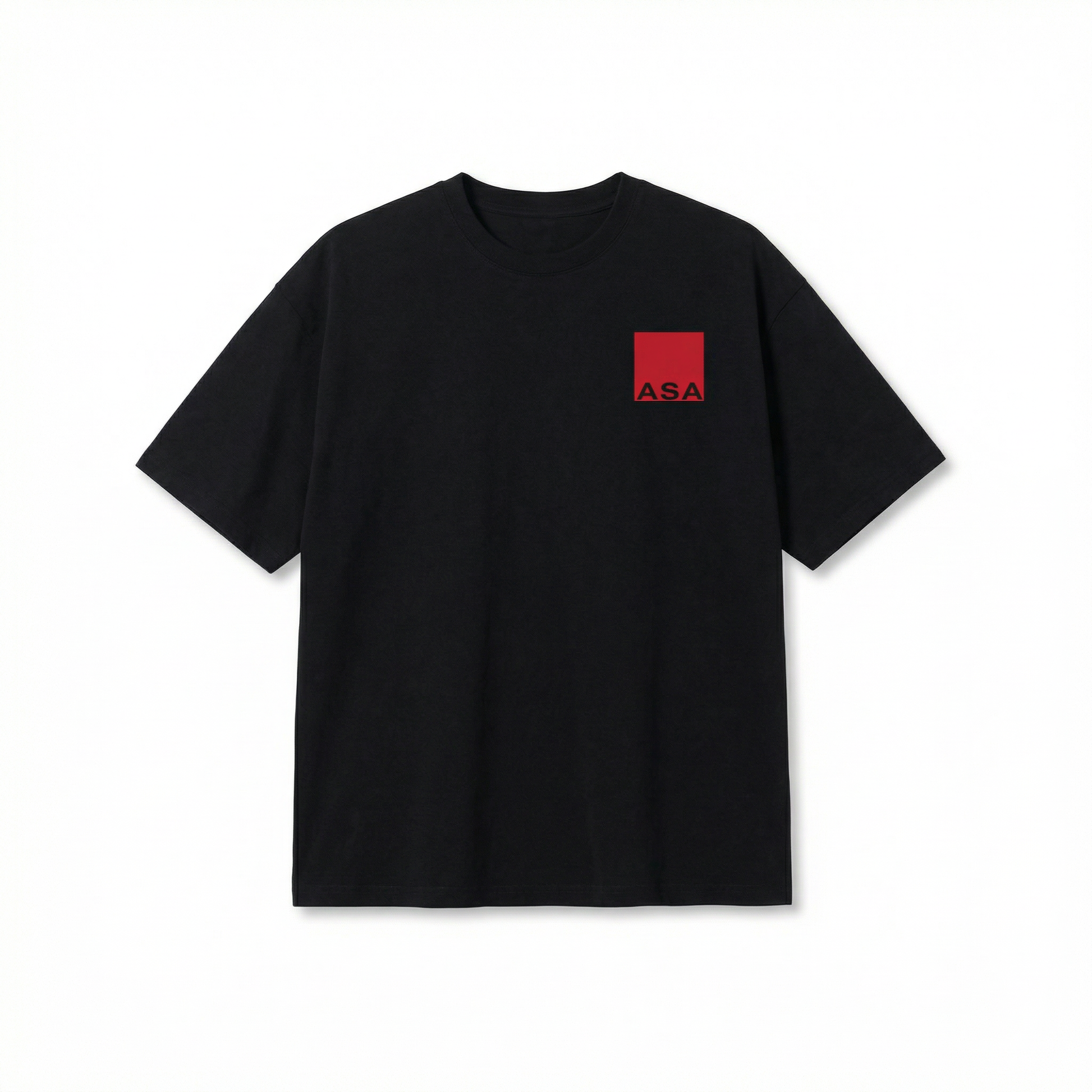 Black t-shirt with a red square logo on a white background
