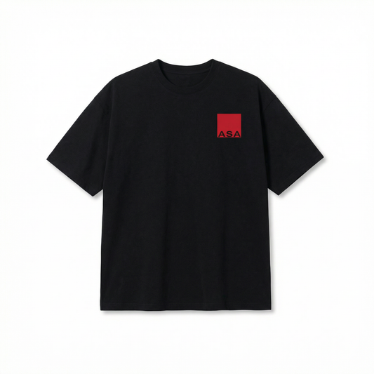 Black t-shirt with a red square logo on a white background