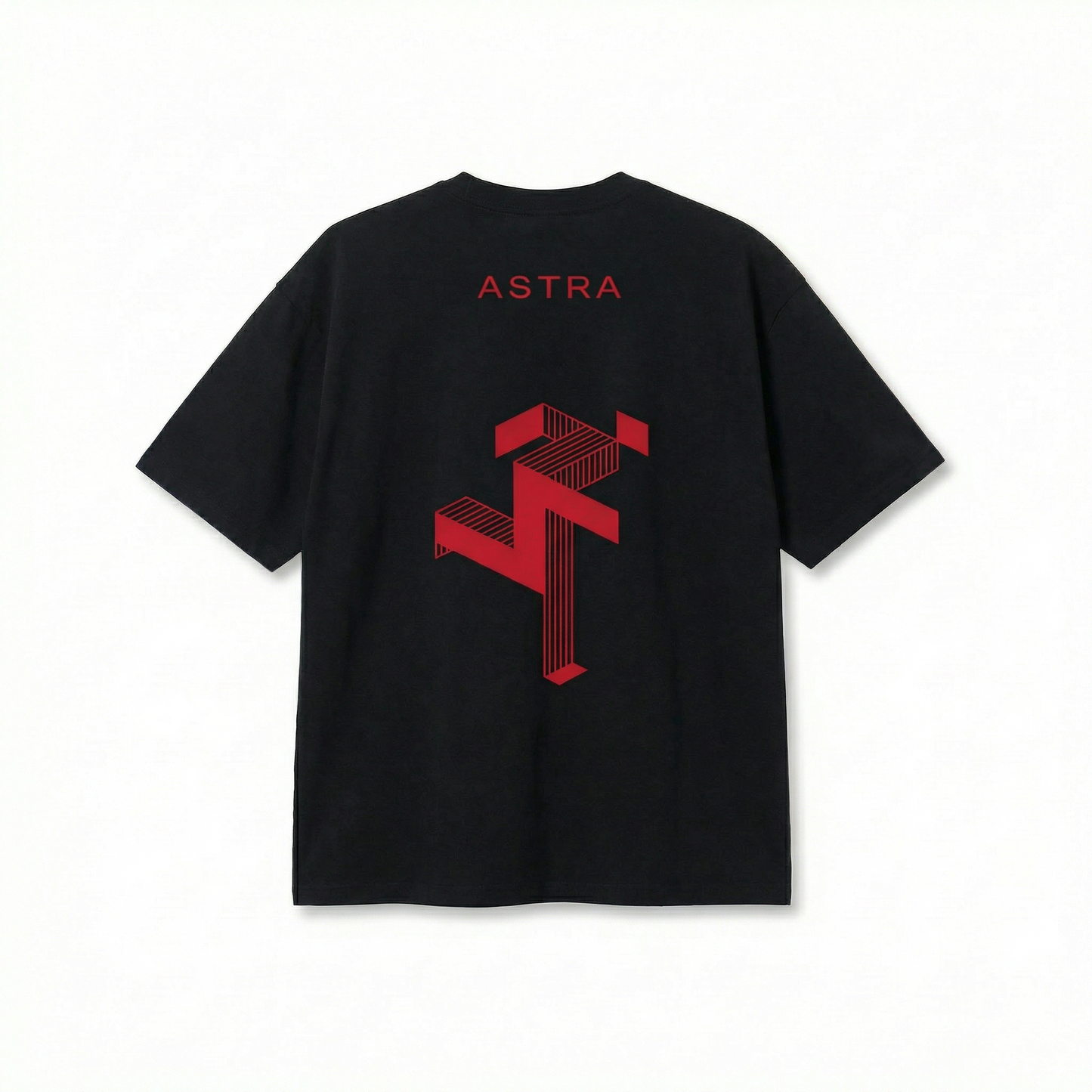 Black t-shirt with red 'Astra' logo on the back against a white background