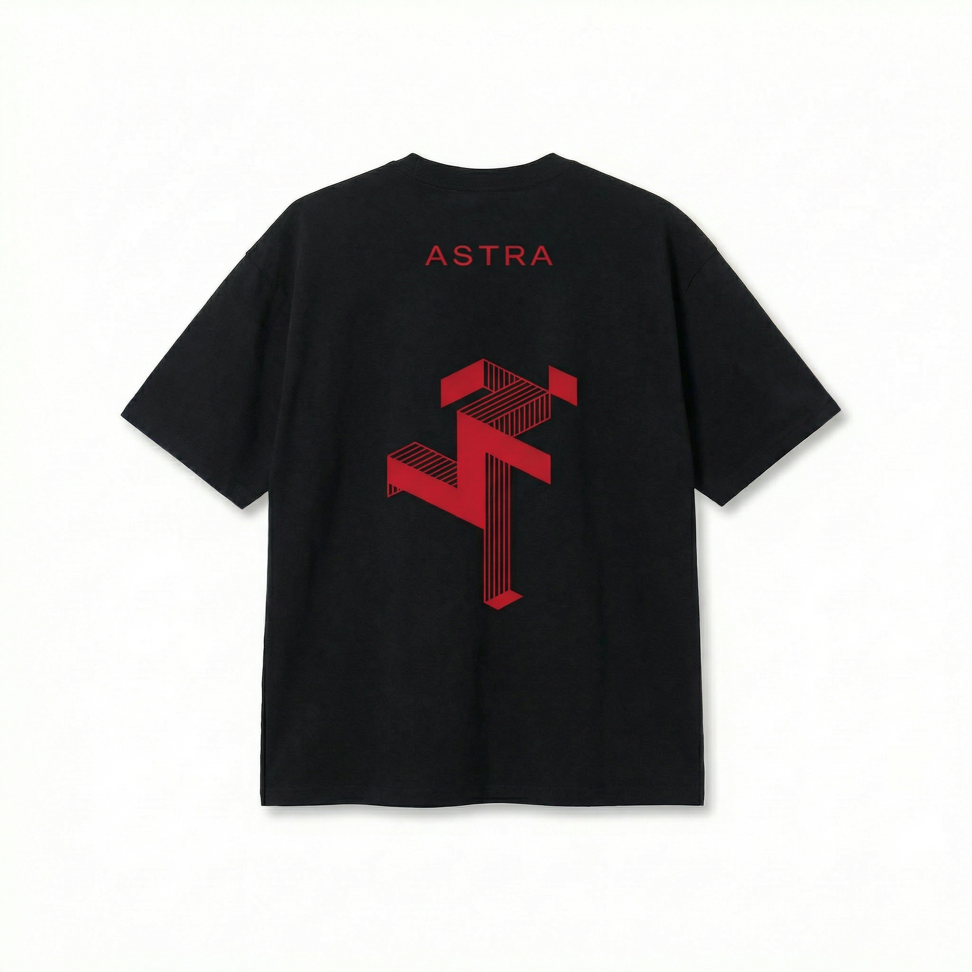 Black t-shirt with red 'Astra' logo on the back against a white background