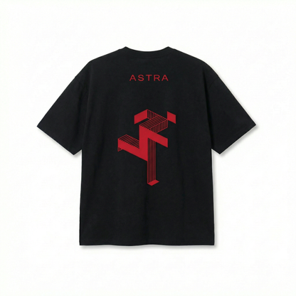 Black t-shirt with red 'Astra' logo on the back against a white background