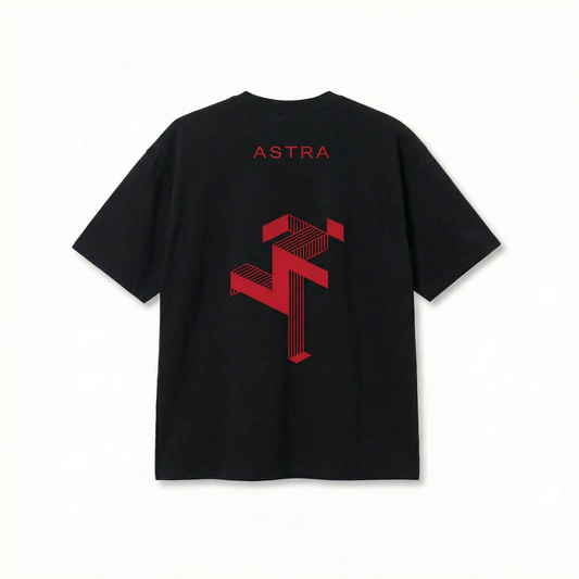 Black t-shirt with red 'Astra' logo on the back against a white background